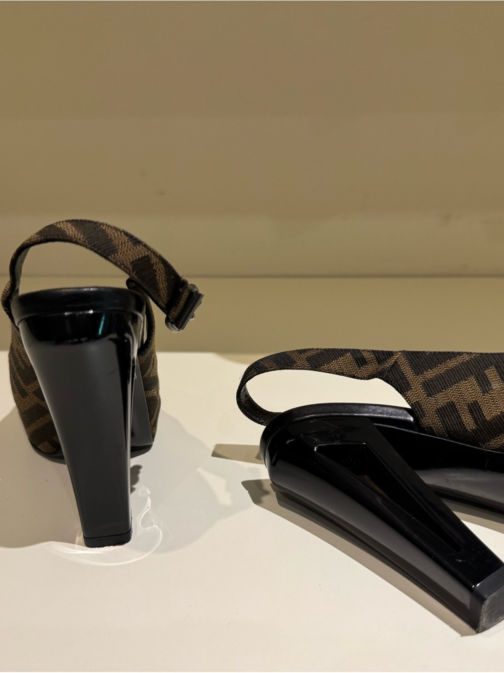 Fendi Brown Monogram Slingback Heels with Black Patent Block Heel